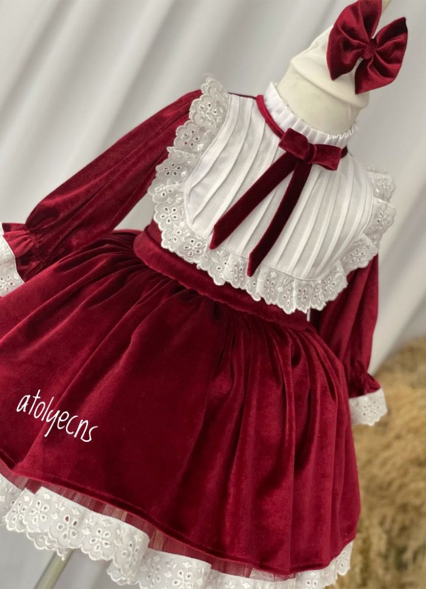 BORDO KADİFE FİSTOLU TASARIM ELBİSE resmi