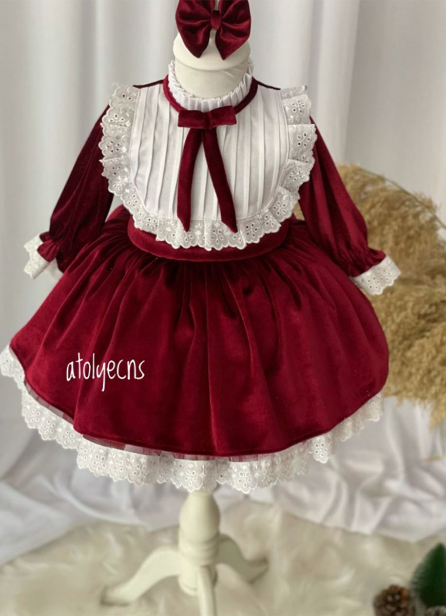 BORDO KADİFE FİSTOLU TASARIM ELBİSE resmi